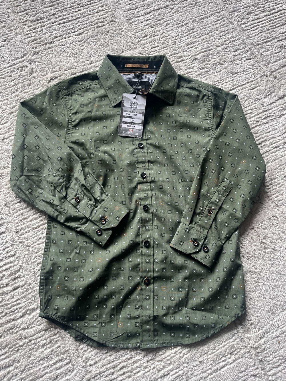 Point Zero | Kids Olive Green Geometric Print Button-Down Shirt, S, NWT